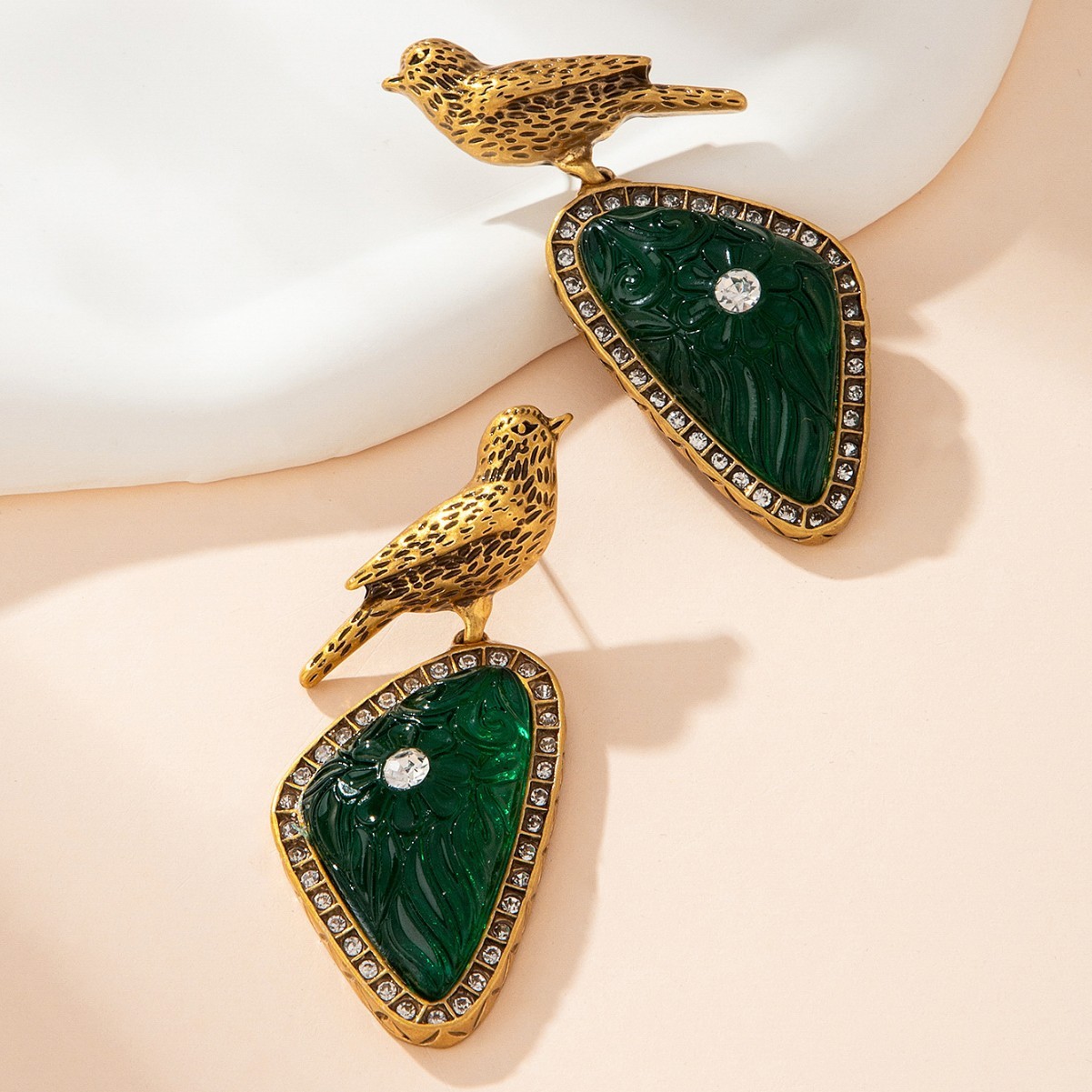 Vintage French Palace Green Geometric Bird Drop Earrings Luxury