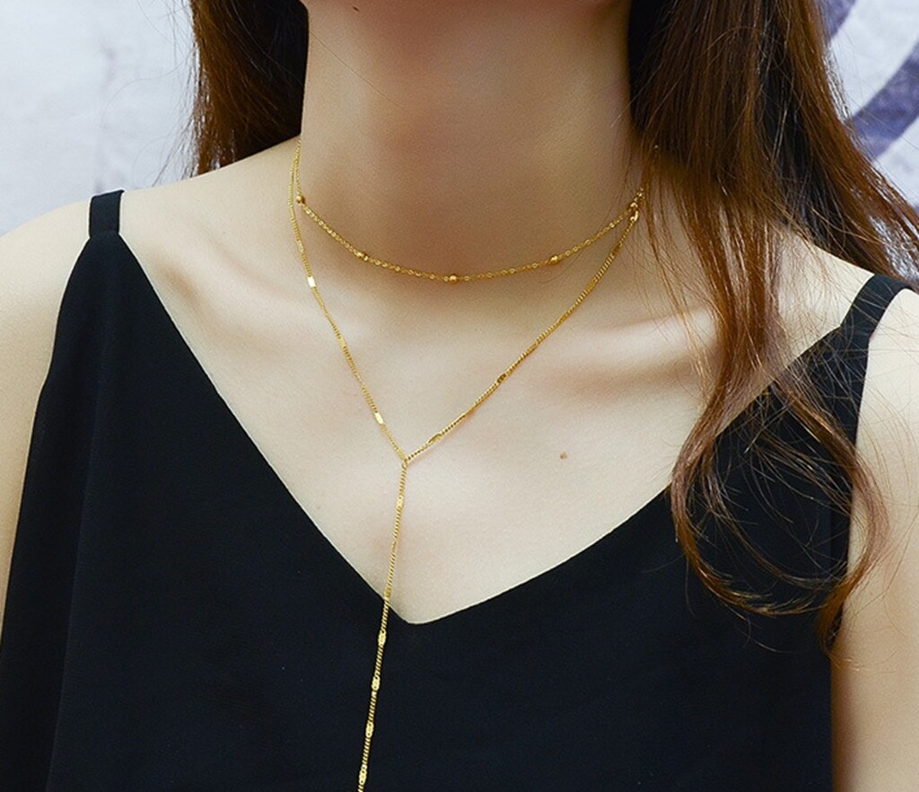 Women Gold Plated Titanium Stainless Steel 3mm Bead Chain Choker Necklace 14-18″