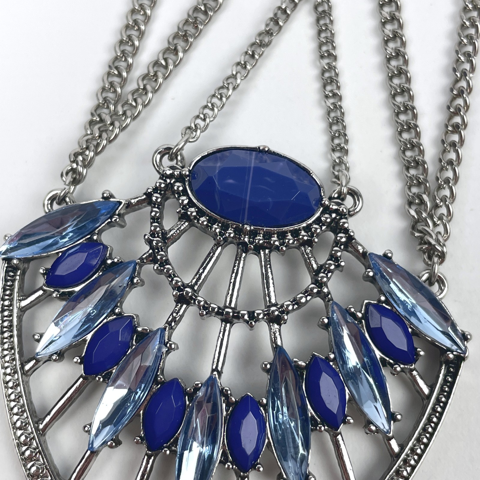 Blue Rhinestone Statement Pendant 23″ Necklace Multi Layer Cable Chain Boho