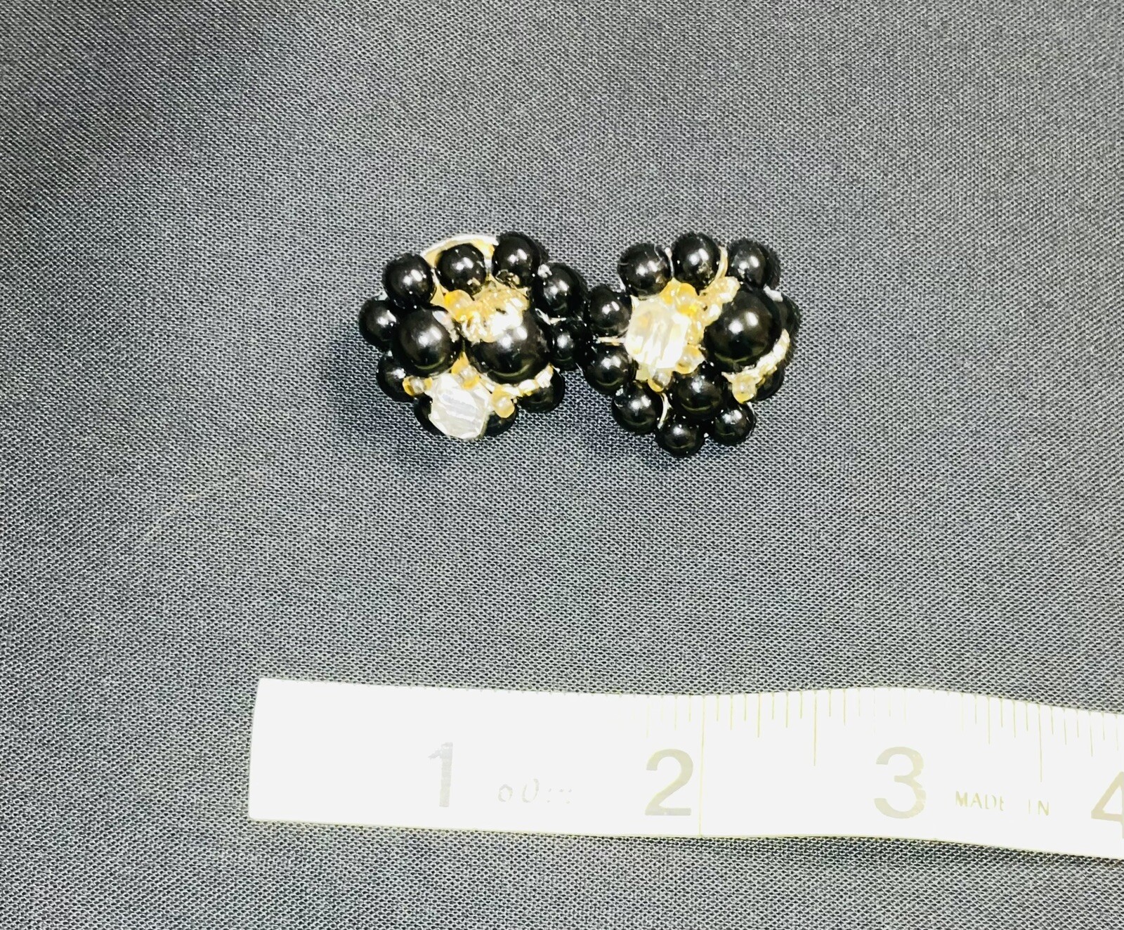 Black Cluster Clip On Earrings Faceted Beads W/one Clear, Gold Tone .5″ Vtg.