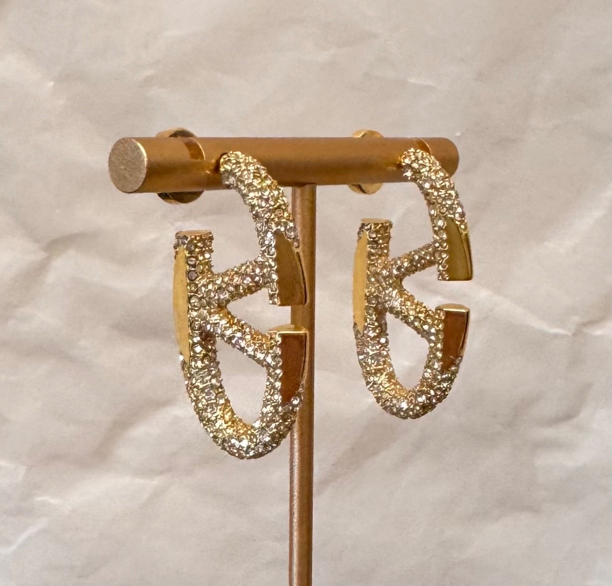 Valentino VLogo Crystal Hoop Earrings Gold Tone # 539