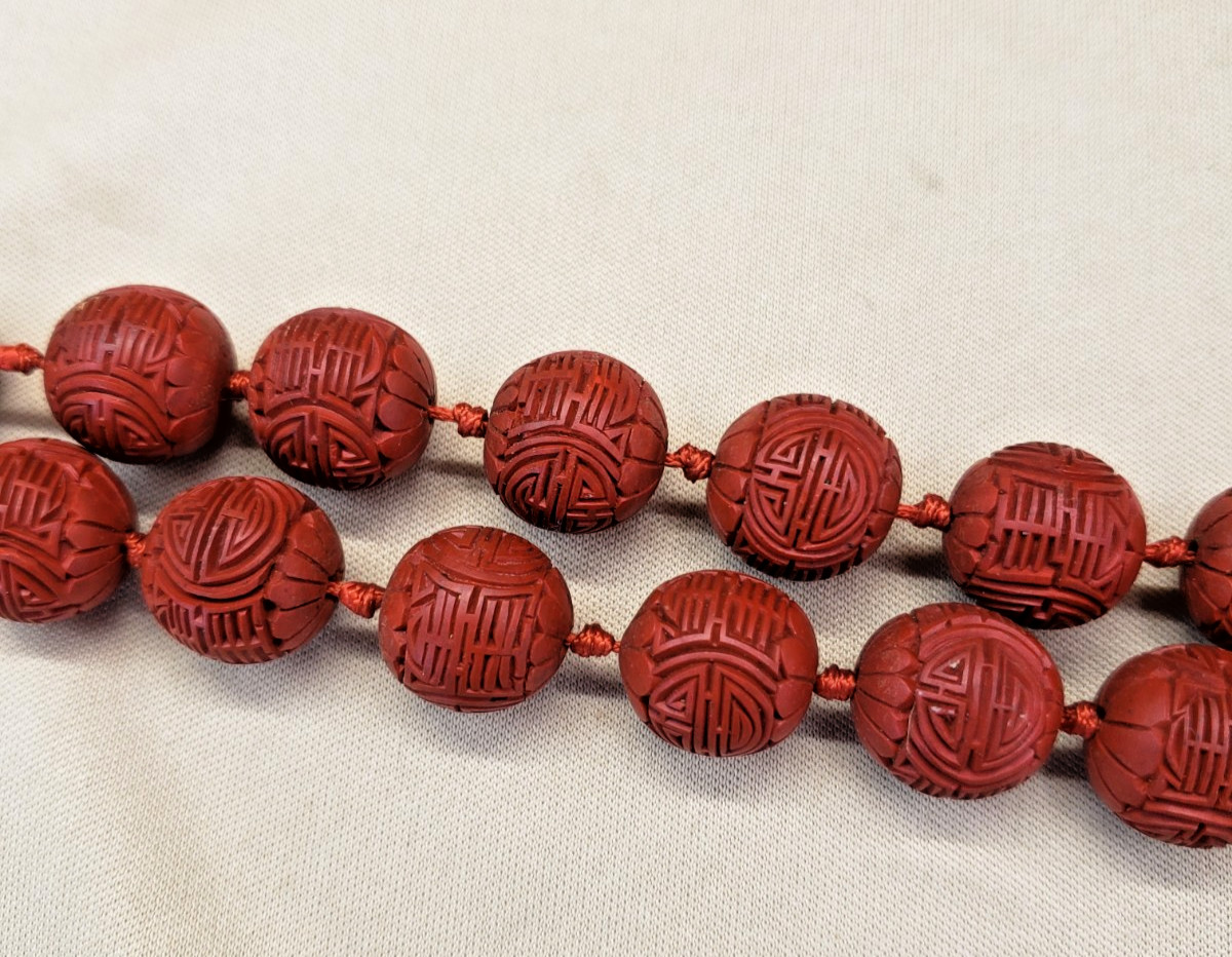Red Carved Cinnabar Hand Knotted Bead Necklace 28″