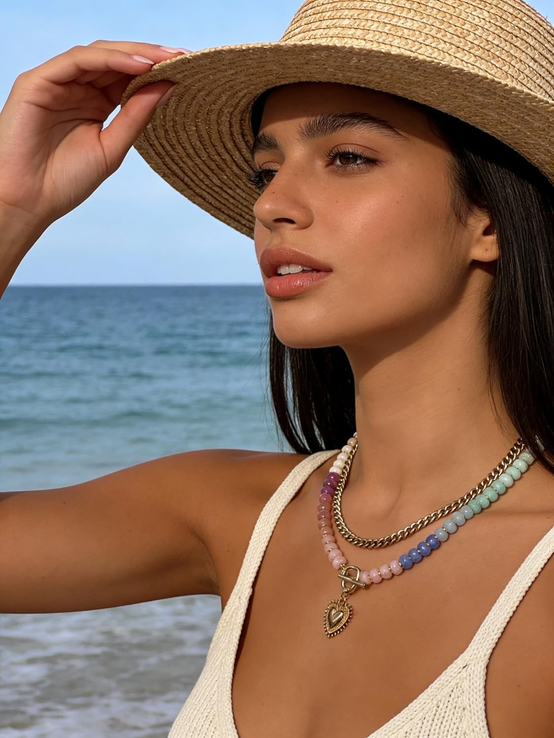 Layered Necklaces for Women, 14K Gold Plated Heart Pendant & Colorful Acrylic Be