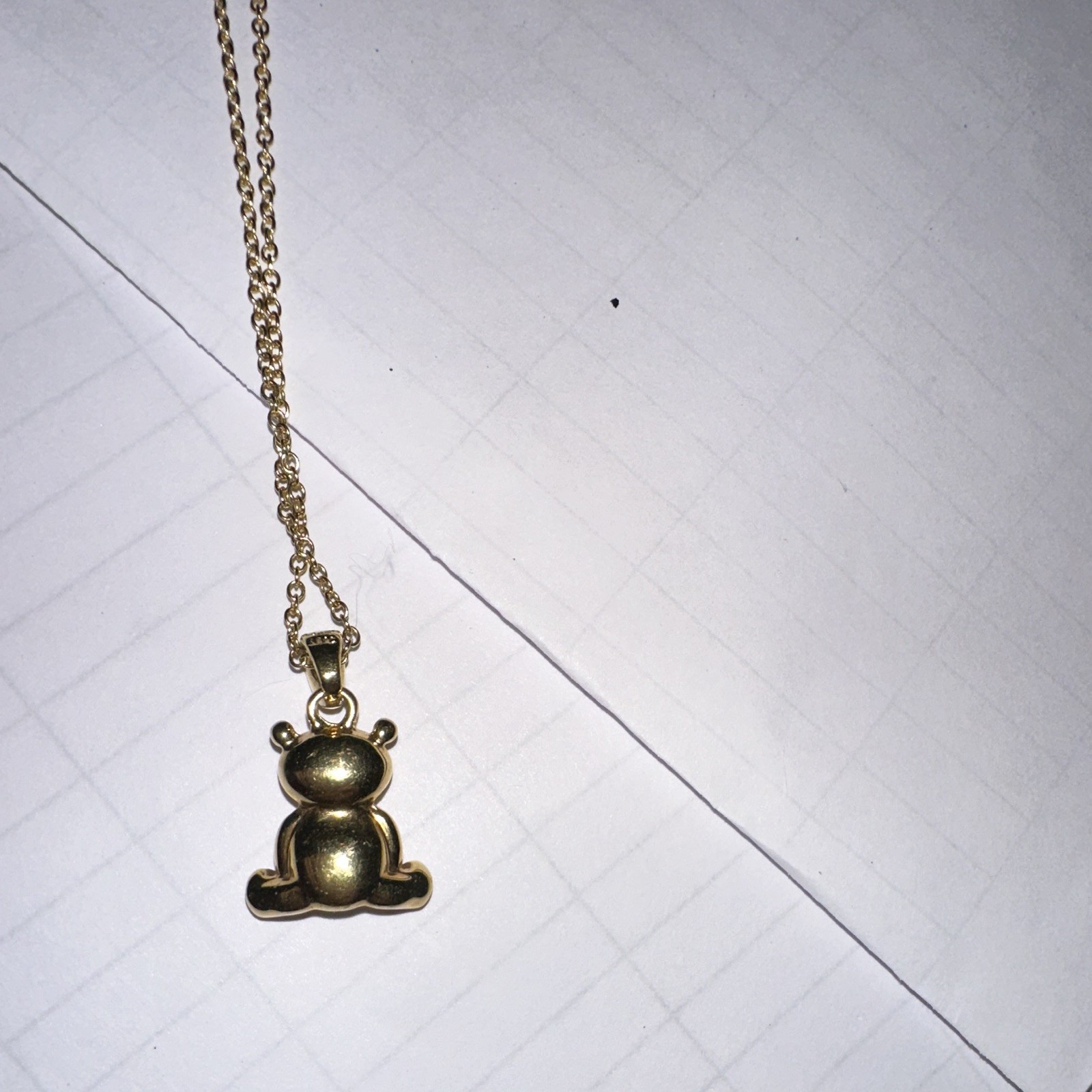 Gold Tone Teddy Bear Charm Pendant Necklace w/ White Crystal Belly, Cable Chain