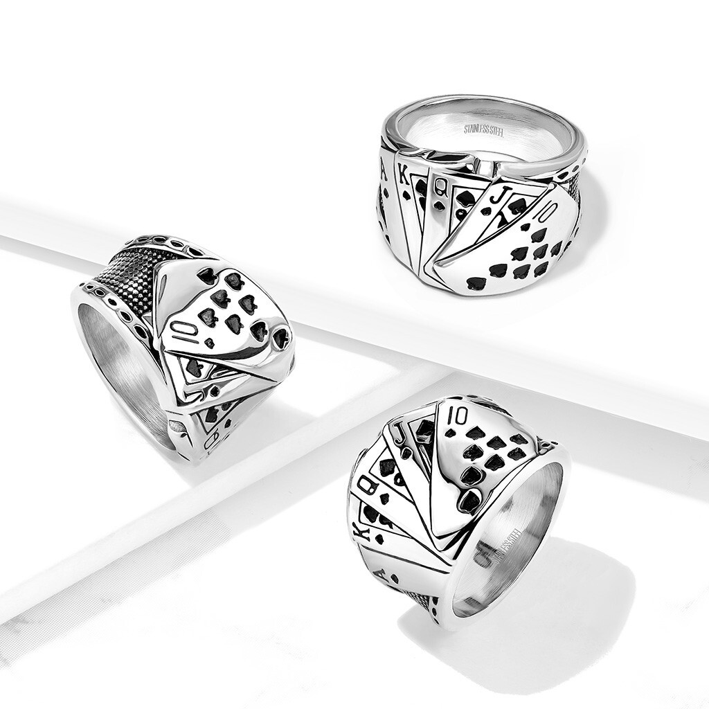 Stainless Steel Royal Straight Flush Ring Silver Finish Biker Lucky Poker Ring