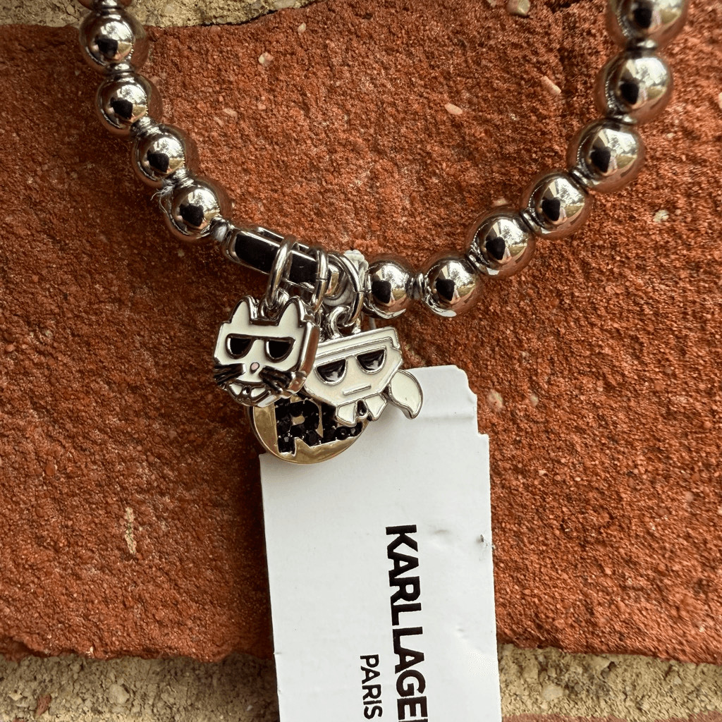 Karl Lagerfeld Paris Beaded Charm Stretch Bracelet Rhodium Zinc Brass OS NWT