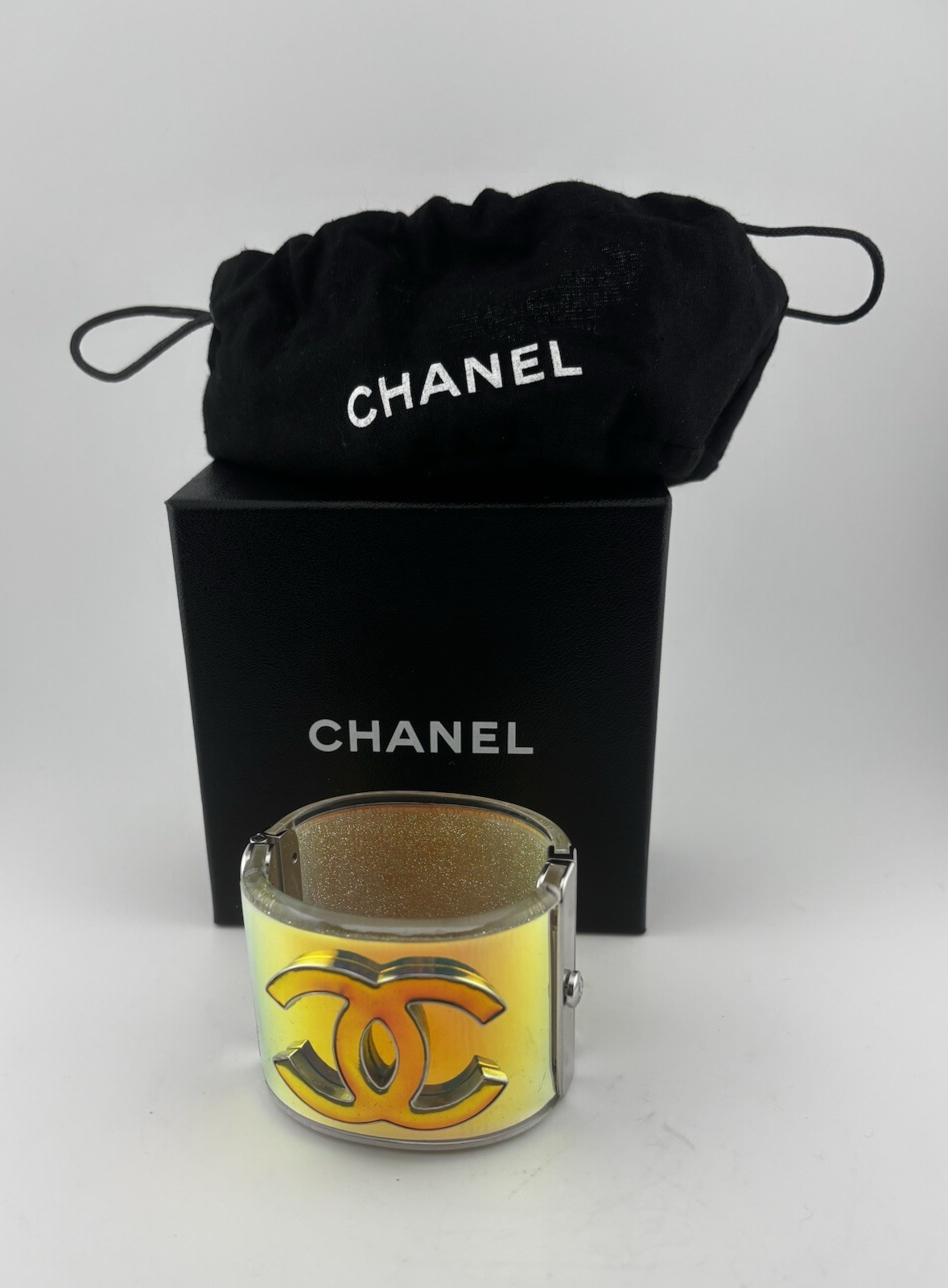 CHANEL IRIDESCENT HOLOGRAM CC HINGED CUFF with box & cover -2012 Spring Collect