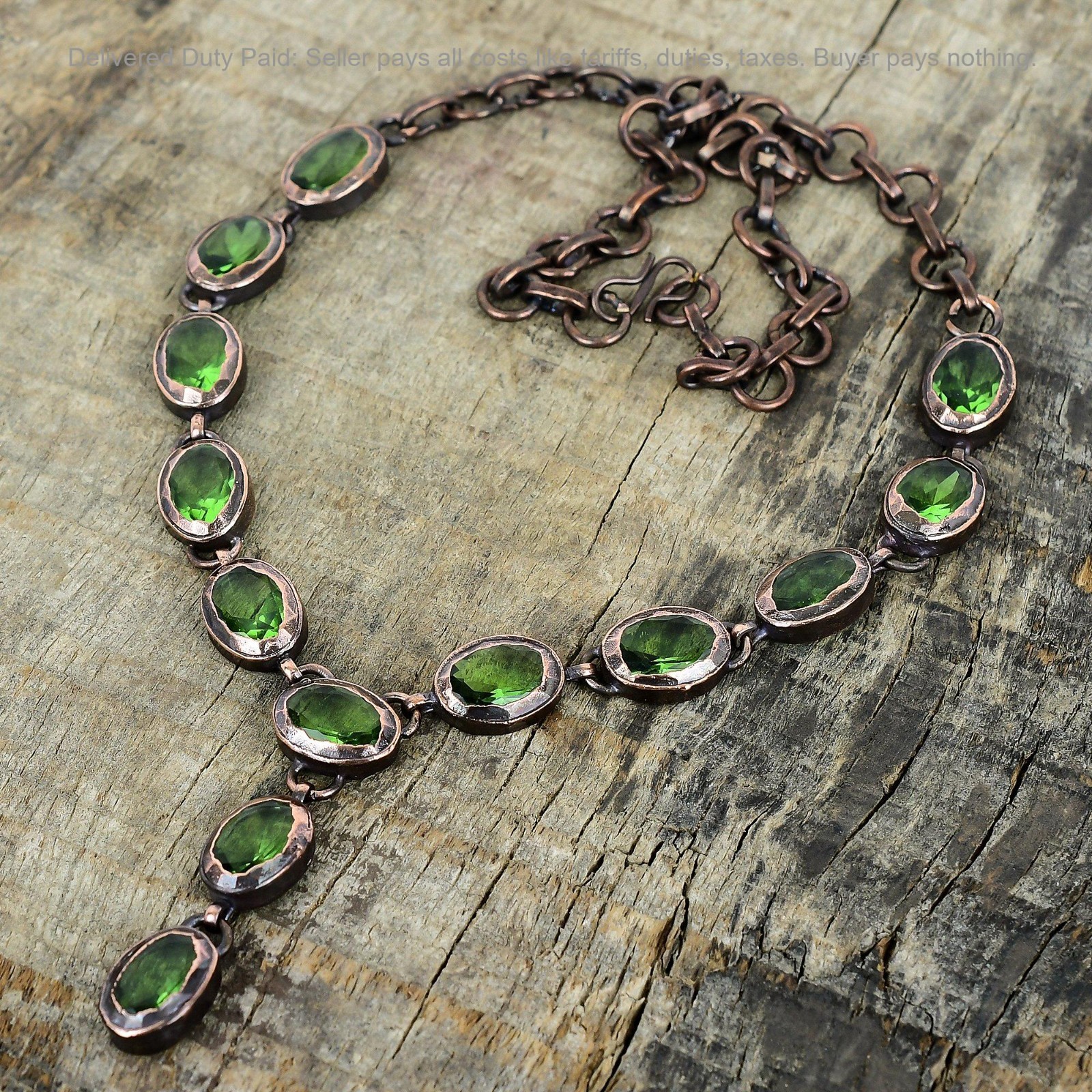 Copper Green Amethyst Gemstone Engagement Electroformed Bezel Chain New Necklace