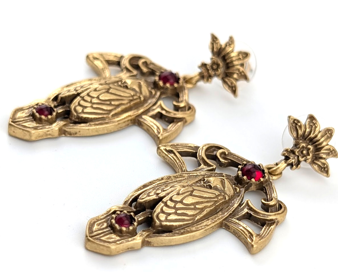 ART DECO CICADA EARRINGS brass insect & burgundy “stones” nouveau gothic S2