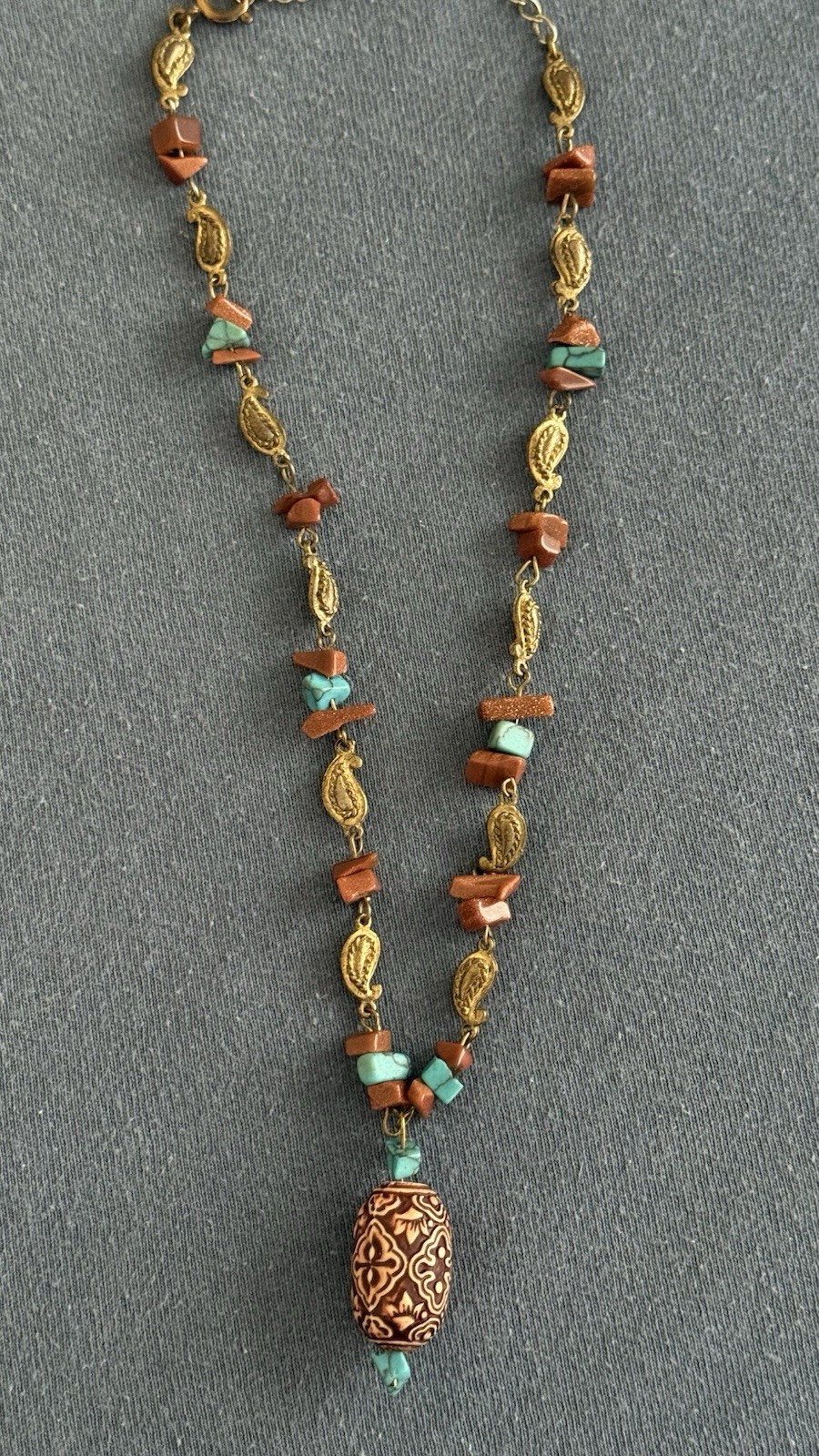 Bohemian Beaded Necklace & Earrings Jewelry Set Gold Tone Red Turquoise