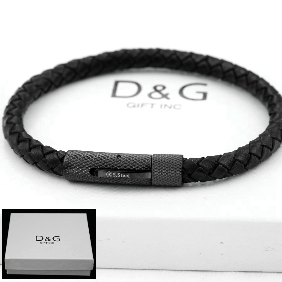 DG Men’s Women’s 8″ Stainless-Steel,Black Braided.Leather Bracelet*Unisex + BOX