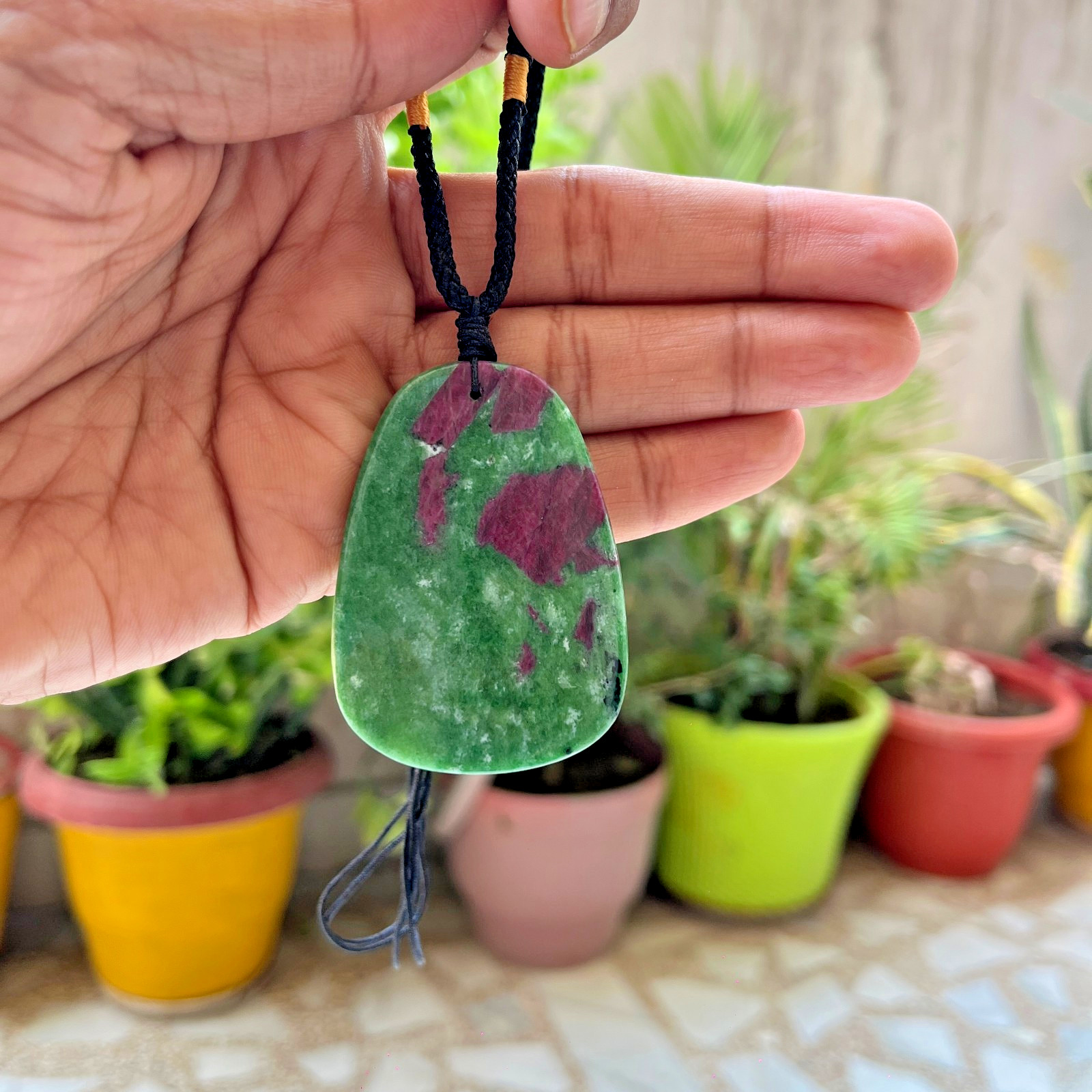 Ruby Zoisite Necklace Anyolite Crystal Pendant Adjustable Cord Healing Stone