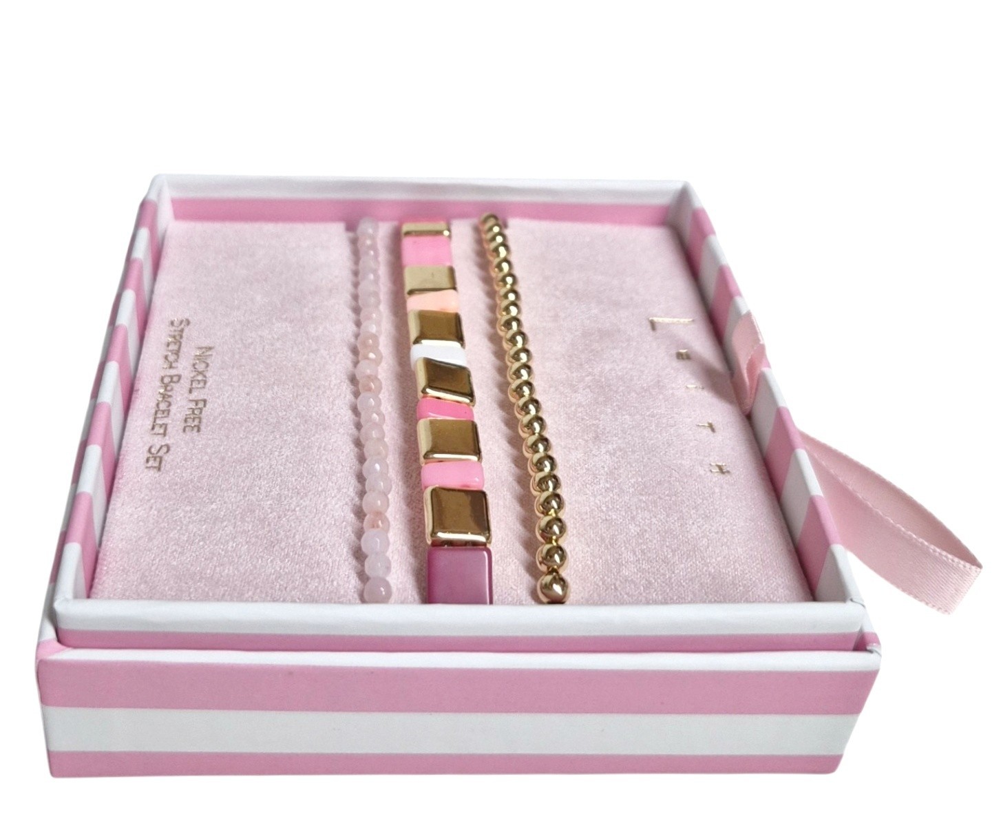 Leith Layered Stretch Bracelet Set of Three Pink White Goldtone Multi-Color NIB