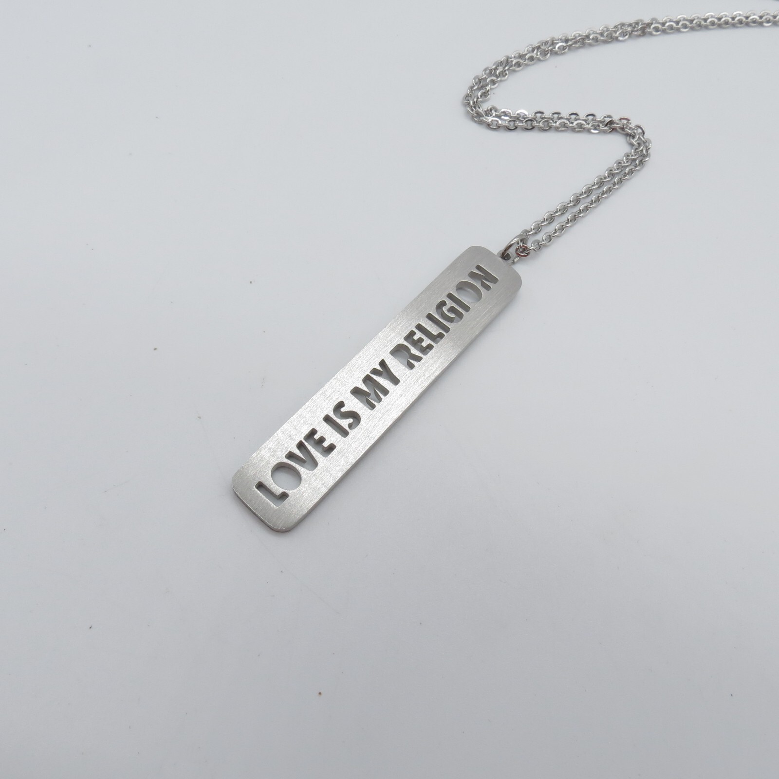 Love is My Religion Bar Pendant Necklace Silver Tone Everyday Jewel 28″
