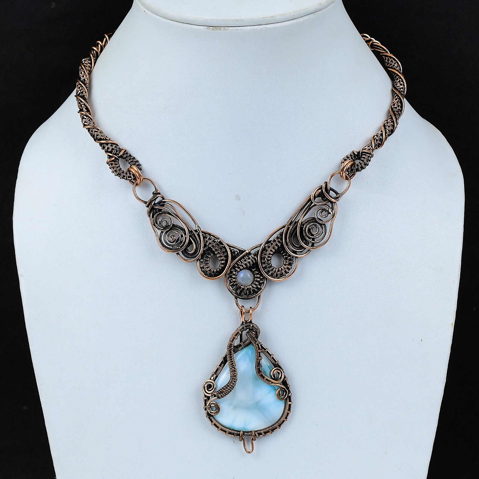 Larimar Gemstone Jewelry Copper Gift For Mum Wire Wrapped Chain Necklace 18.0″