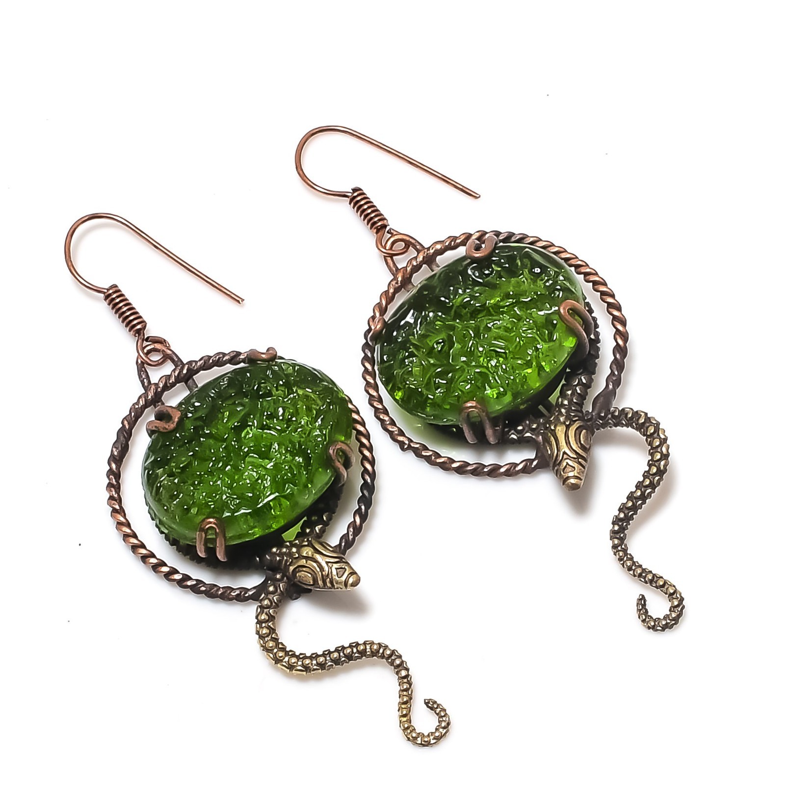 Moldavite Handmade Gemstones Copper Wire Wrap Earrings Jewelry Gift For Sister