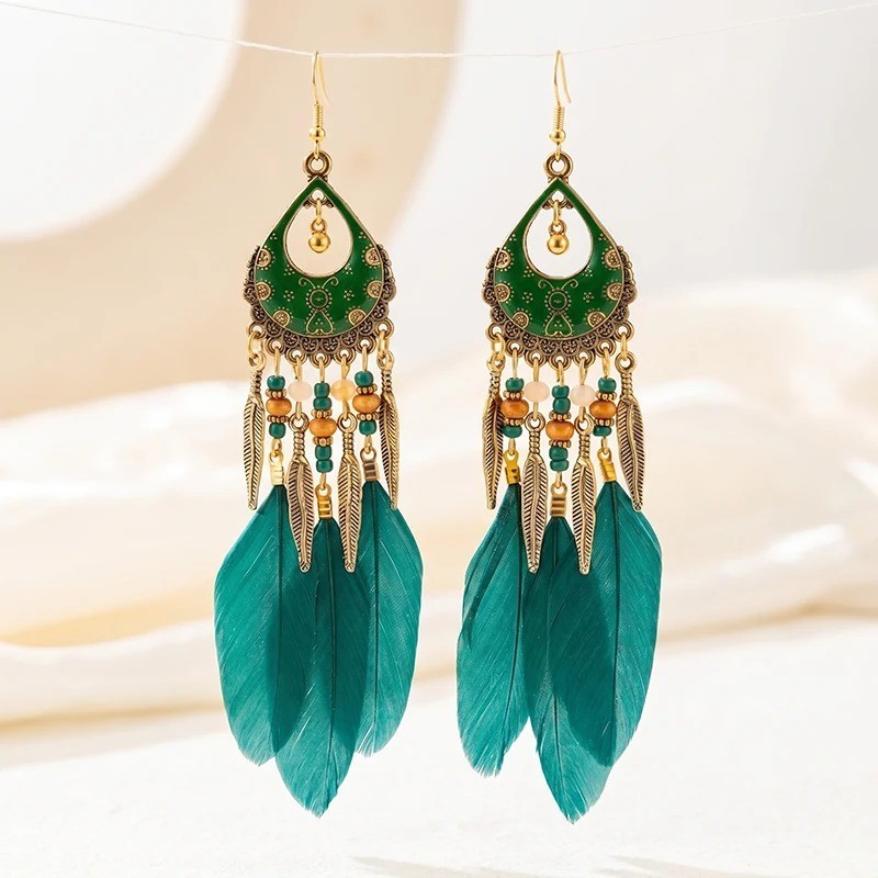 Handmade Bohemian Charm Colorful Feather Retro Design Beaded Long Earrings Women