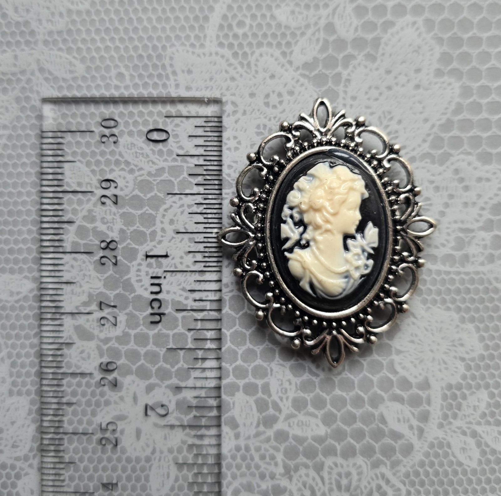 MAGNETIC Cameo Brooch, Black, Cream silver rhinestone framing. Victorian jewelry
