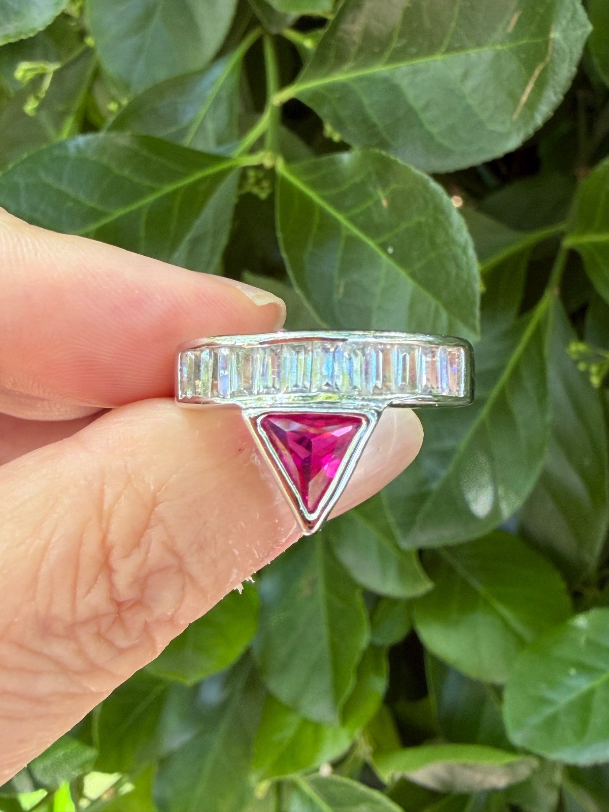 SYNTHETIC RUBY / PINK SAPPHIRE BAGUETTE RHINESTONES GEOMETRIC RING SILVER TONE