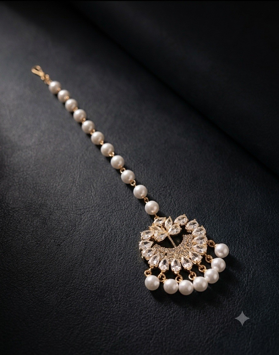Women Traditional maang tikka Diamond And Pearls Tassels Lightweight Gold Plated
