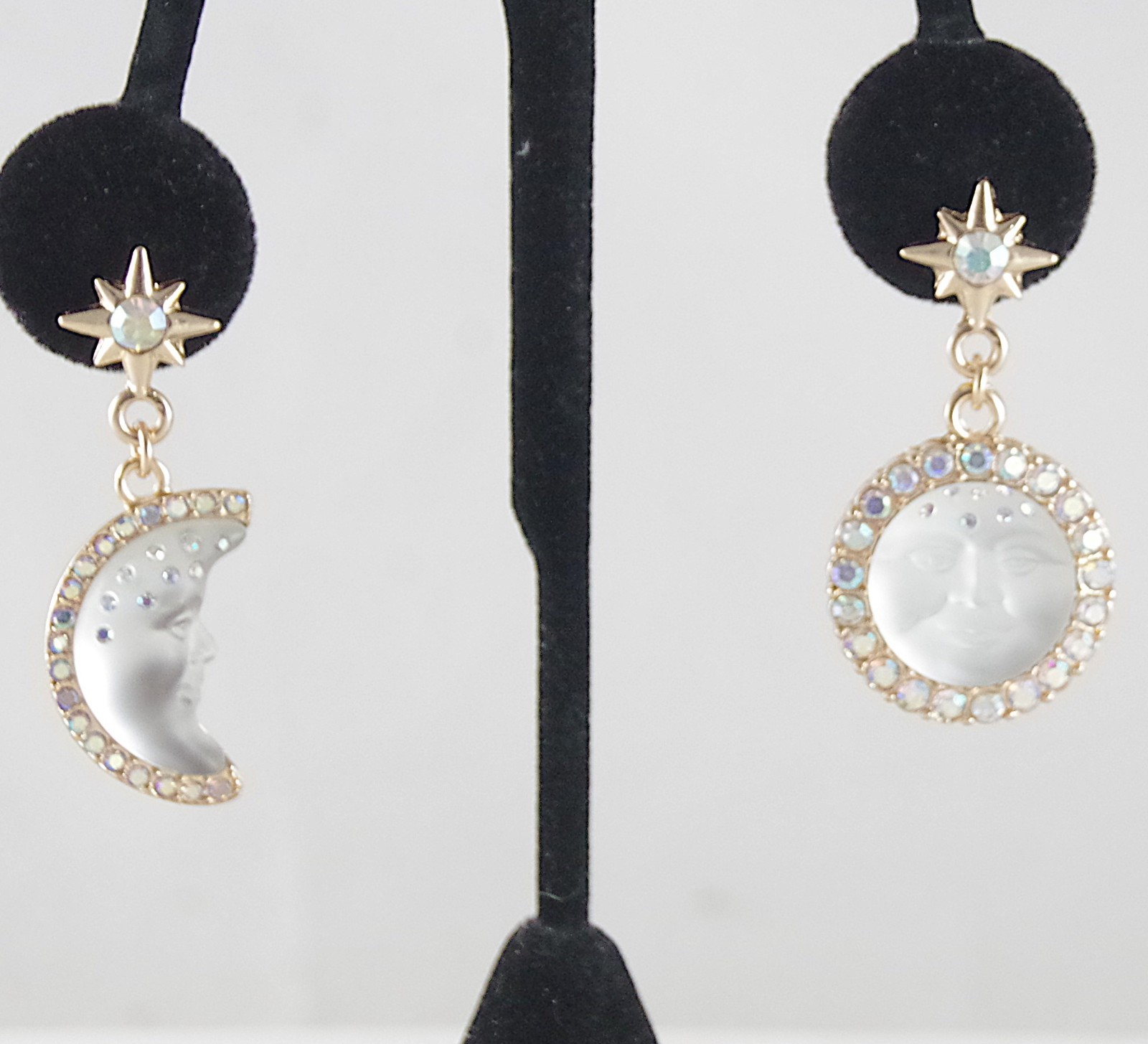 2″ KIRKS FOLLY WHITE SEAVIEW MOON FACE CRYSTAL RHINESTONE DROP DANGLE EARRINGS
