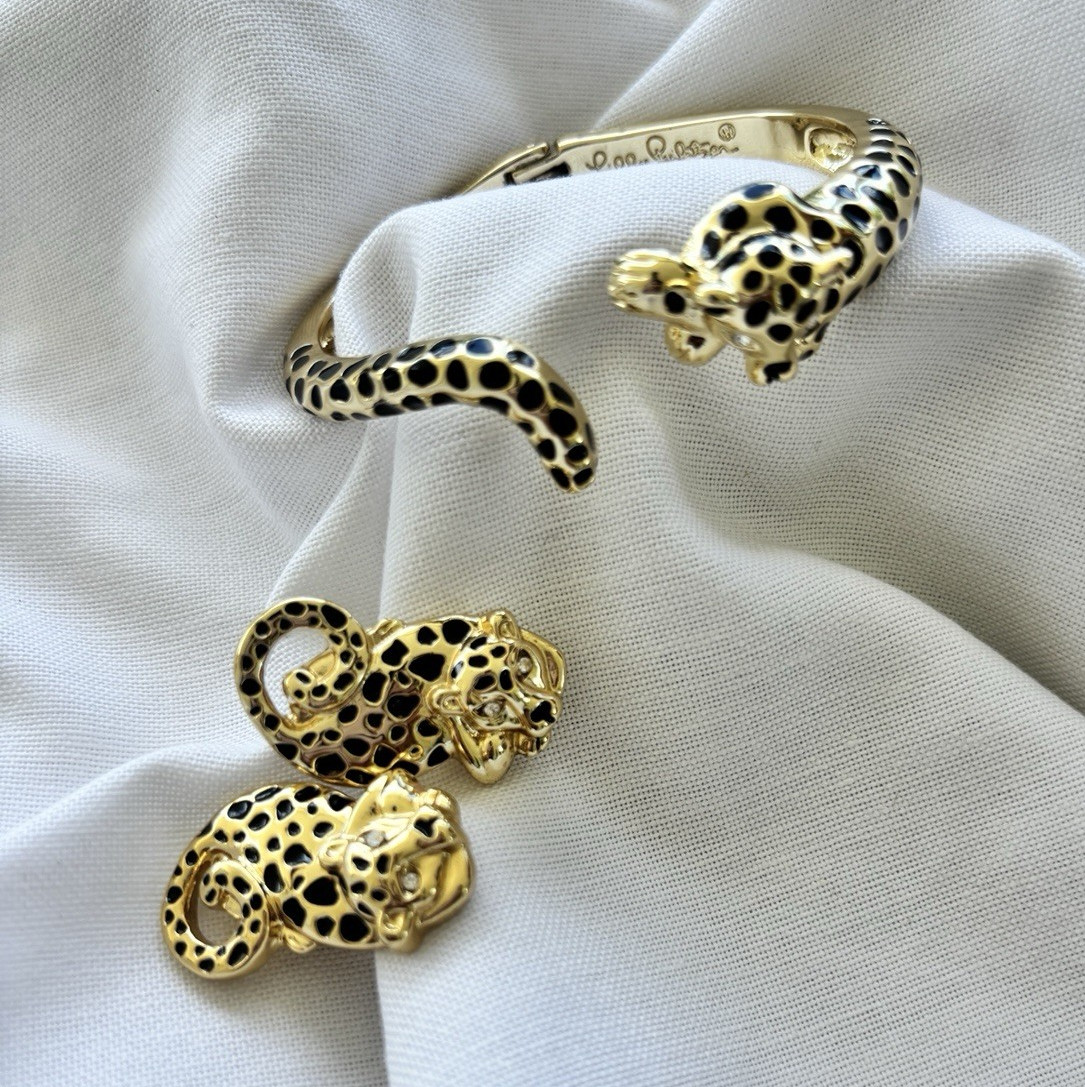 Lilly Pulitzer Signed Gold & Black Enamel Cheetah Hinged Cuff Bracelet set