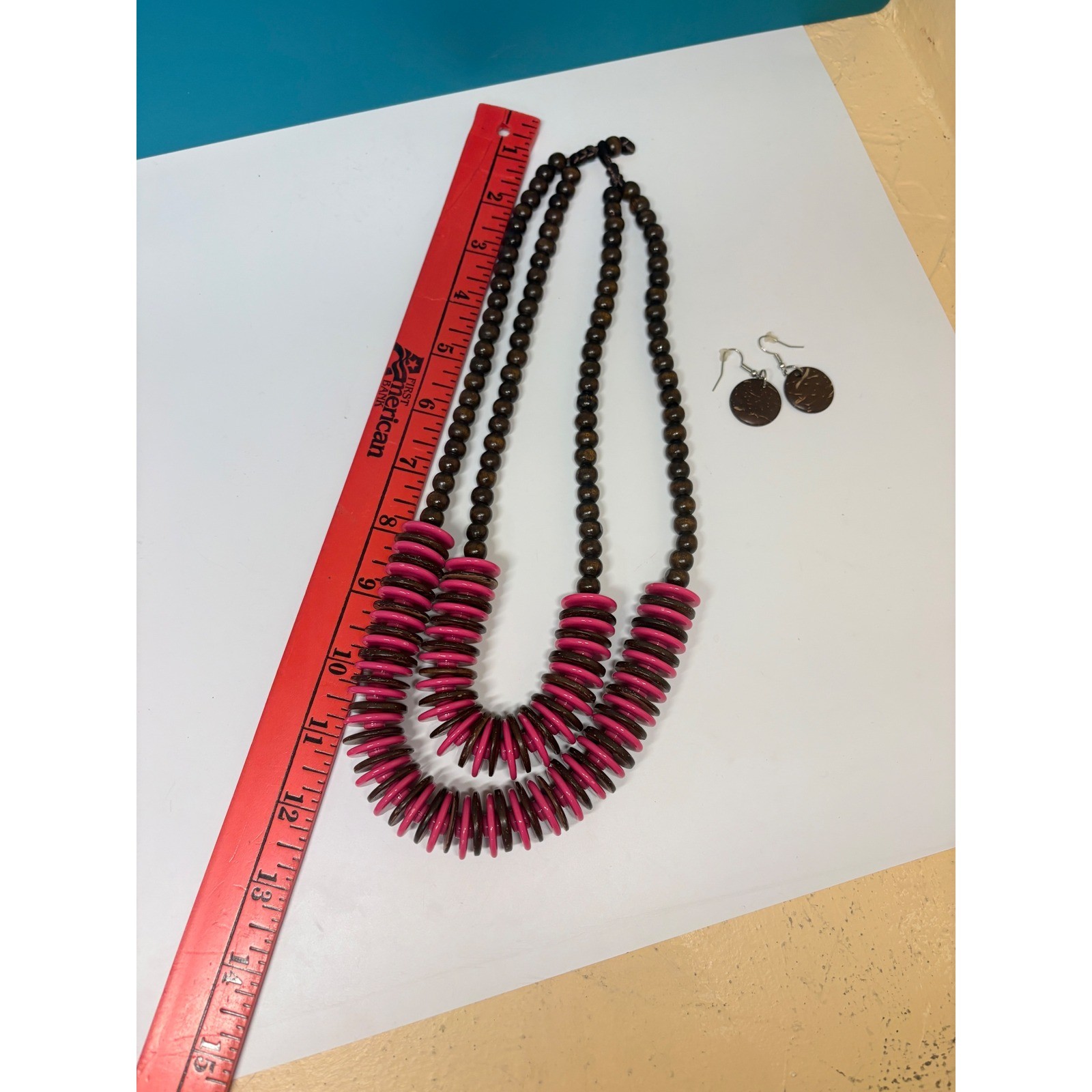 Pink Brown Wood Bead Double Strand Necklace and Disc Earring Set Boho Tropical