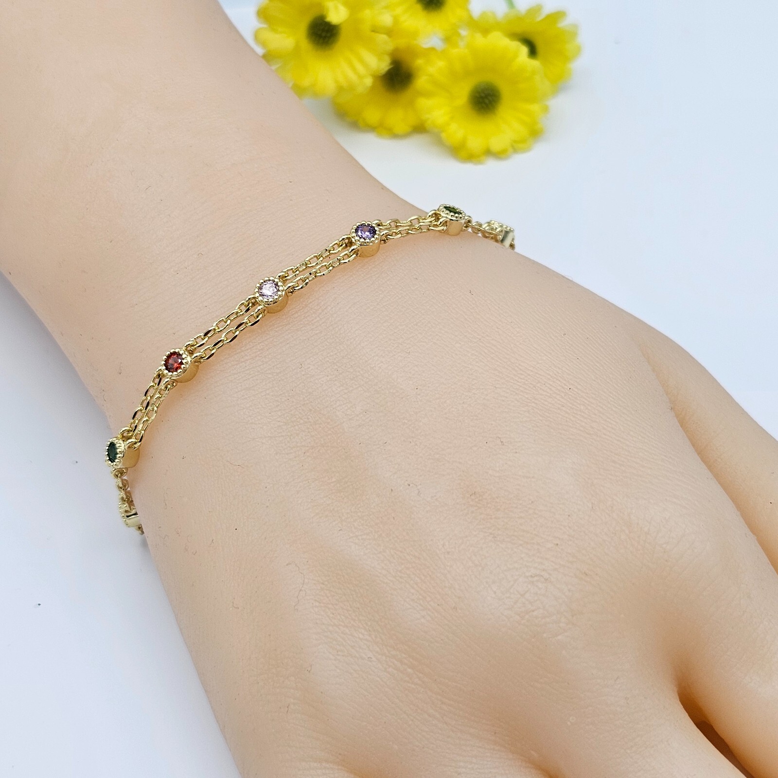 14K Gold Plated Double Chain Multicolor CZ Bracelet for Women. Green Purple Red