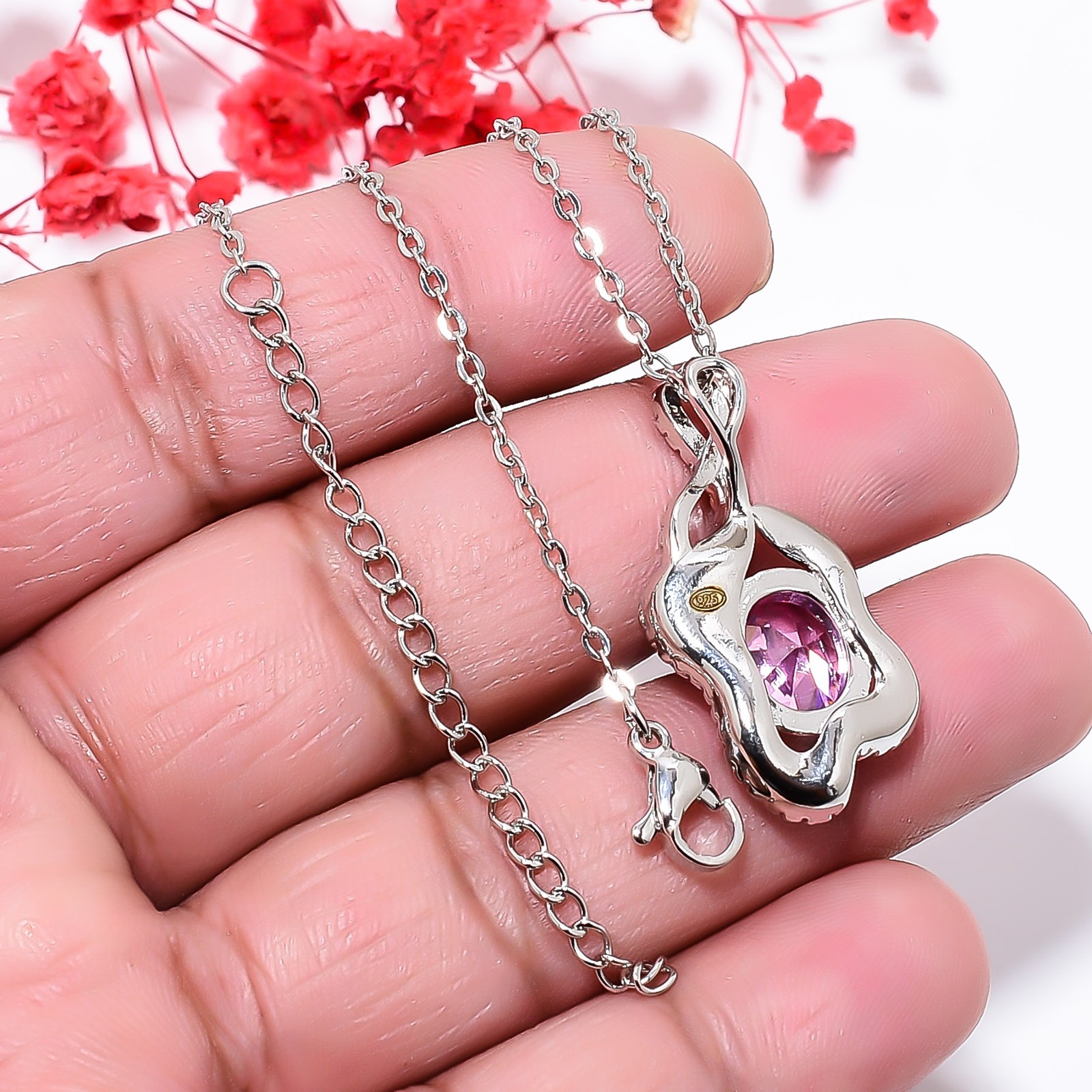 Pink Sapphire Simulated & Cz 925 Silver Pendant With Chain 18-20″ CP50612