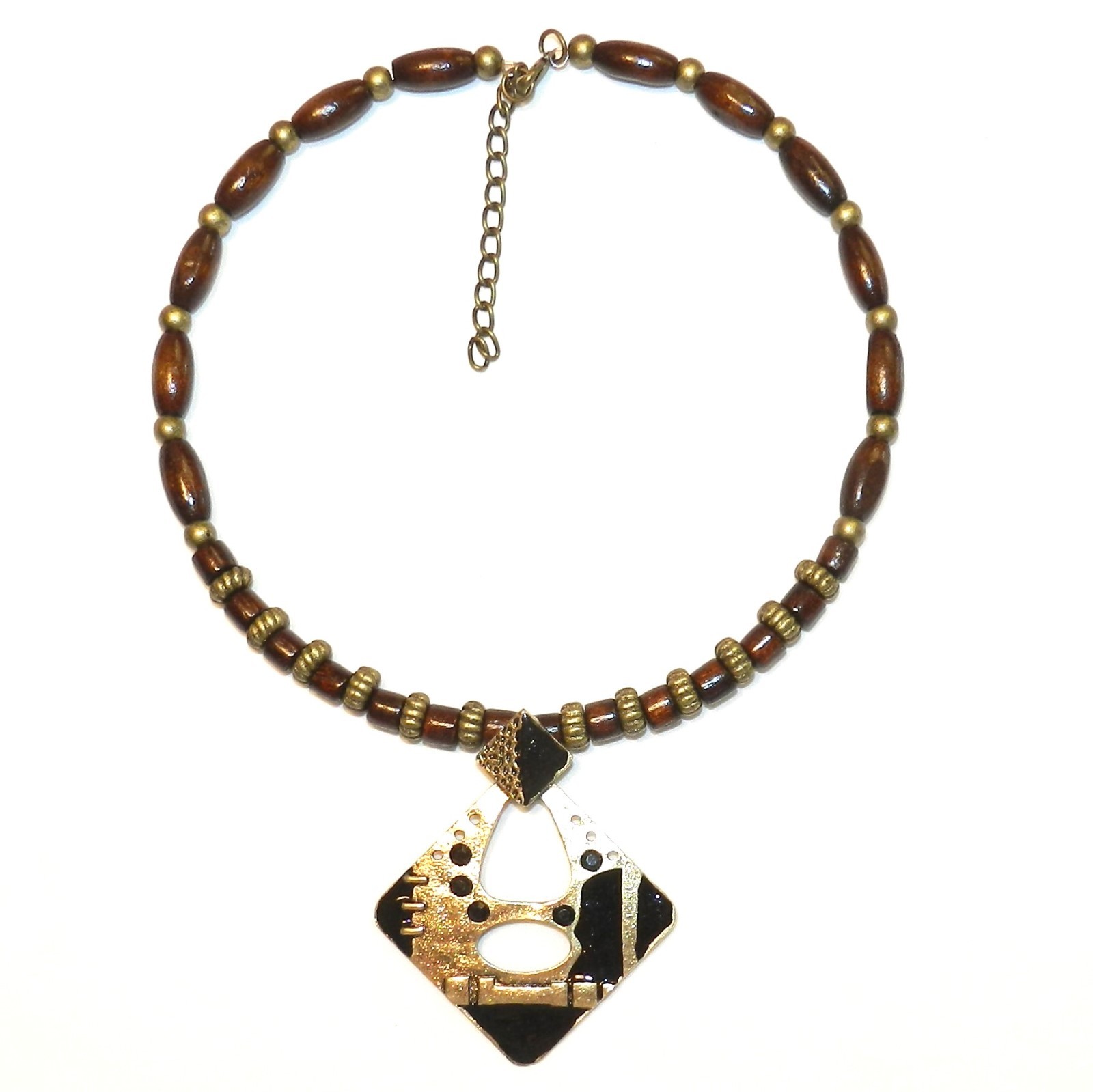 FN249 Wood Necklace with Gold Pewter Alloy Metal Focal Pendant w Rhinestone 15″