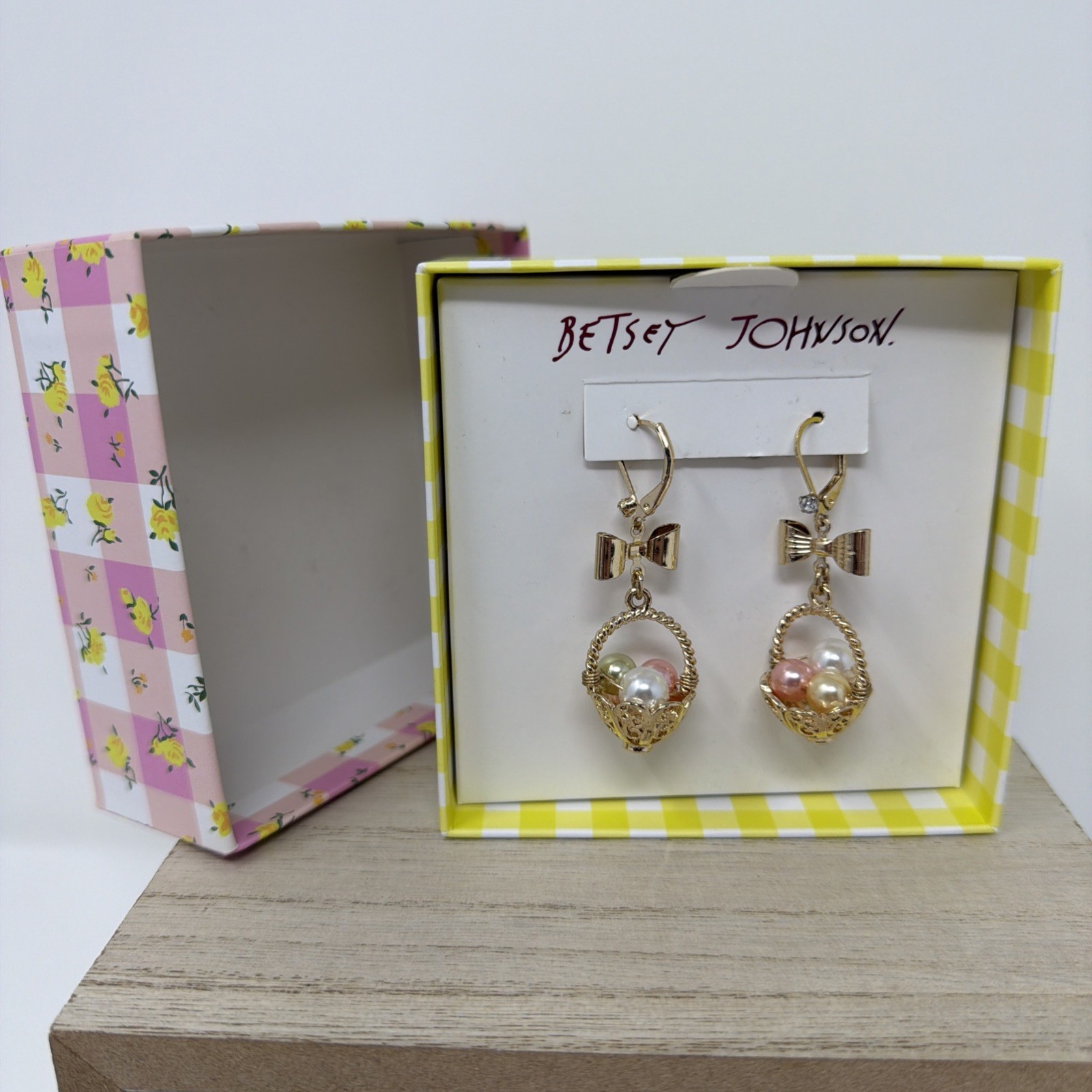 Betsey Johnson Gold Easter Basket Drop Earrings Pearl Eggs Bow Dangle New In Box