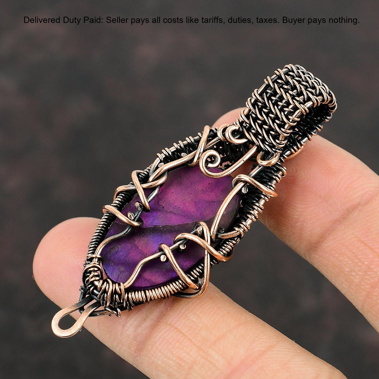 Copper Pink Fire Labradorite Gemstone Engagement Birthday Wire Wrapped Pendant