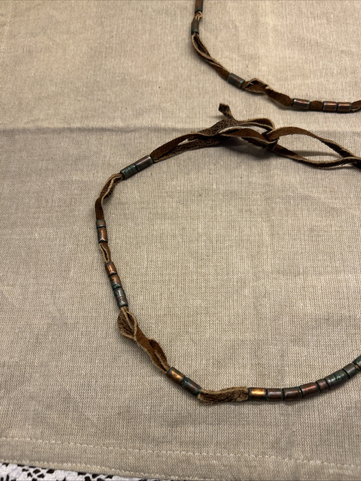 Set of Two Boho Tribal Style Necklaces Leather Cord Copper Metal Charms Beads
