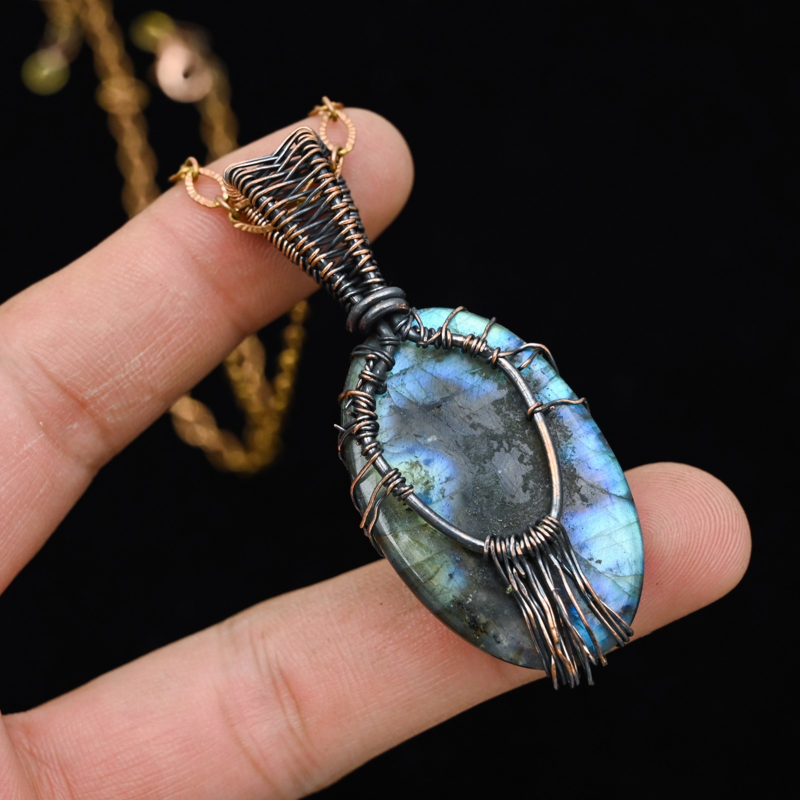 Copper Wire Wrap Labradorite Tree of Life Pendant Artisan Gemstone Necklace