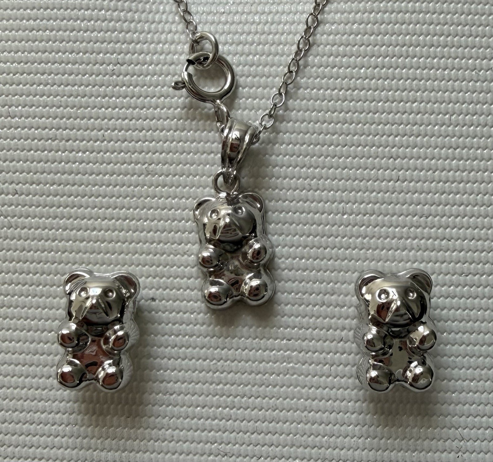 Sterling Silver 925 Necklace 18″, Earrings and Ring -N Bear Jewellery Set
