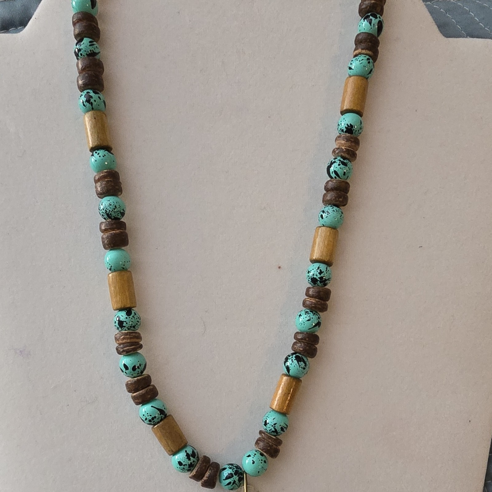 Handmade Resin Shark Tooth Pendant Beaded Necklace, Turquoise Brown Wood Beads