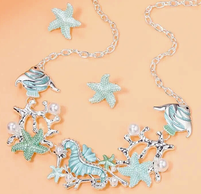 AVIANNA AQUA OCEAN LIFE FASHION DESIGNER ENAMEL NECKLACE & EARRINGS SET