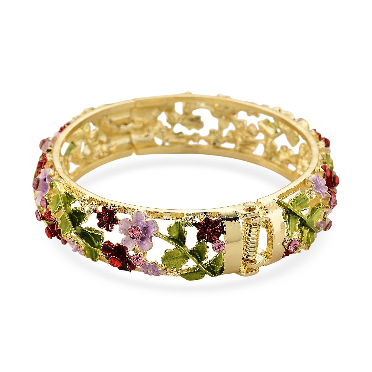 Red Pink Crystal, Multi Color Enameled Floral Bangle Bracelet Goldtone 7-7.5In