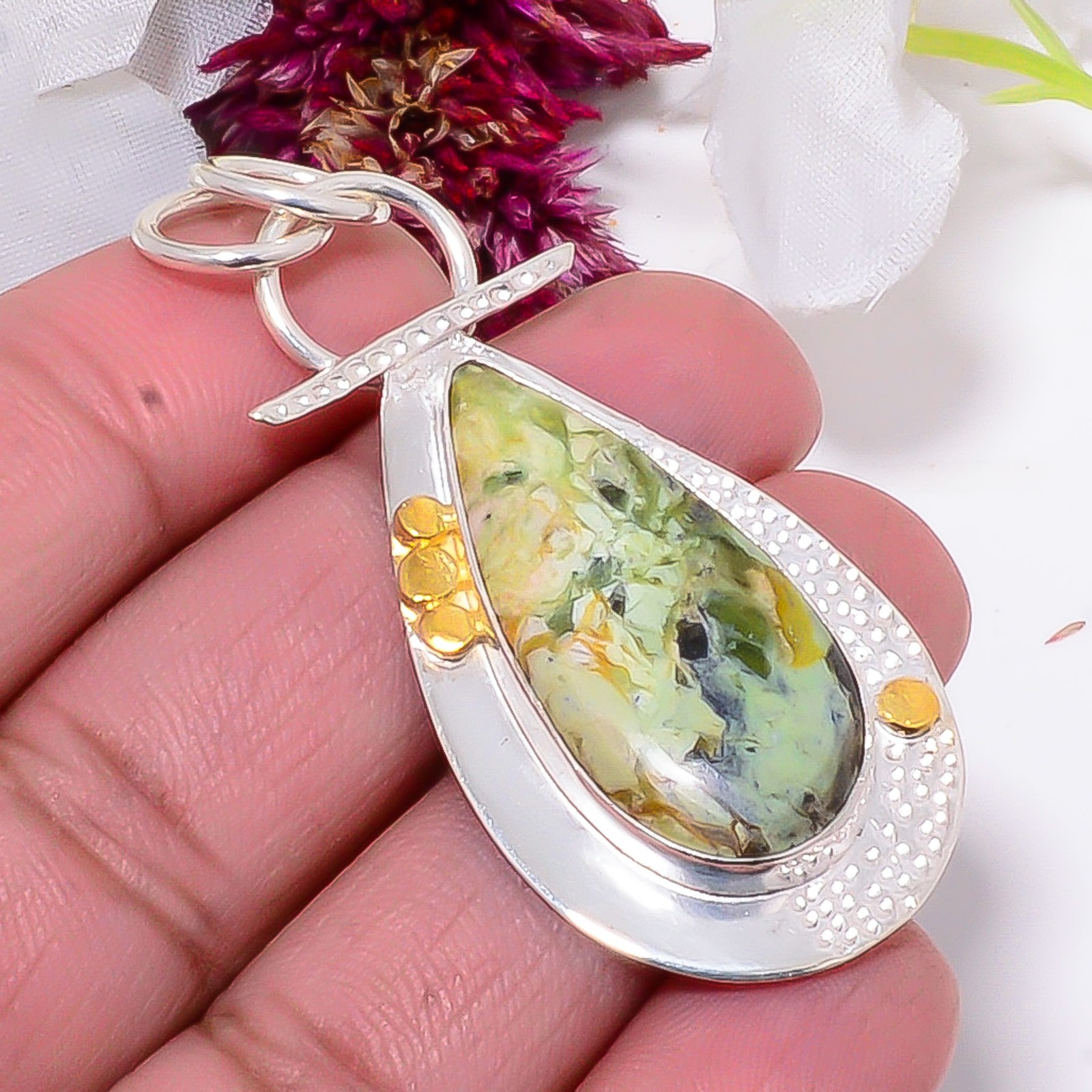 Chrome Chalcedony 925 Sterling Silver Two Tone Designer Pendant 1.95″ Sku24