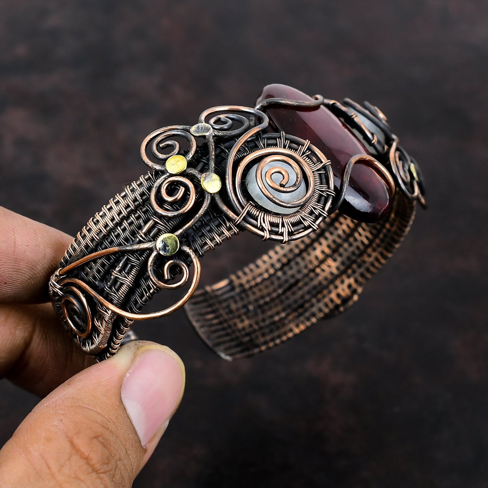 Red Fire Labradorite Copper Bestie Gift Wire Wrapped Adjustable Cuff