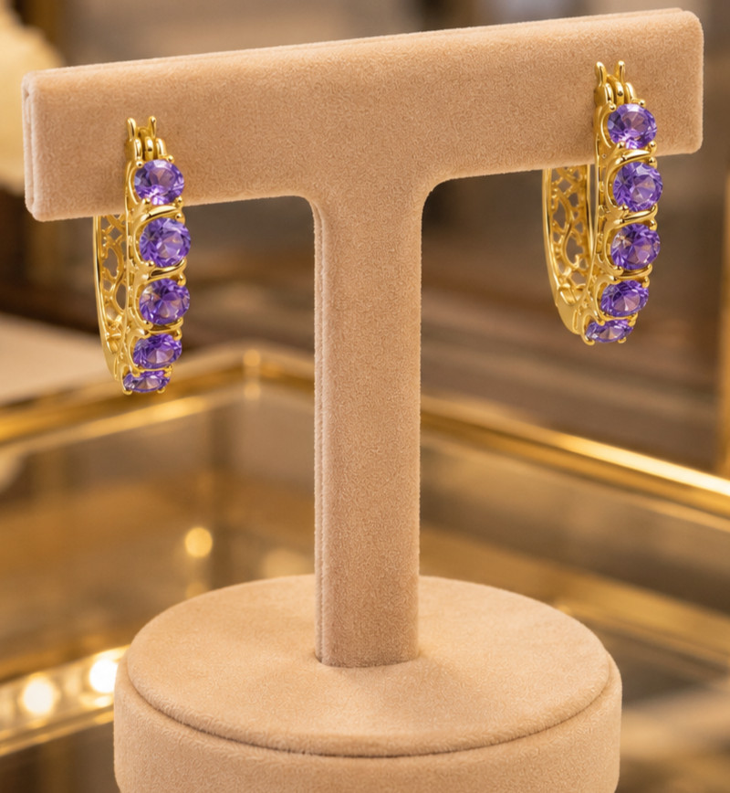 2Ct Round Cut Simulated Amethyst Engagement Hoop Earrings 14K Yellow Gold Plated