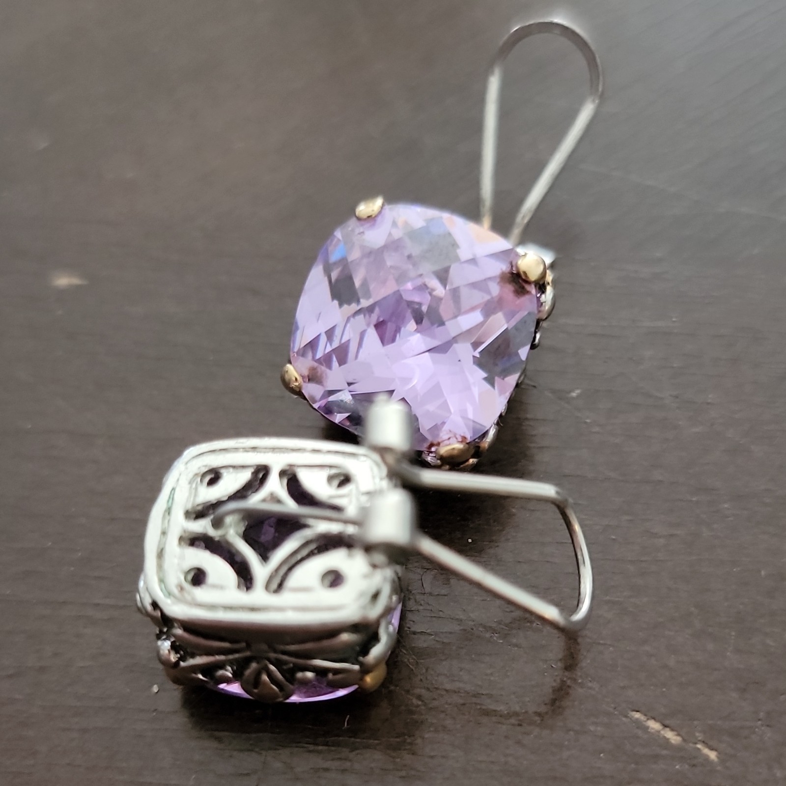 Purple Cushion-Cut Crystal Leverback Dangle Earrings Silver-Tone Prong Set
