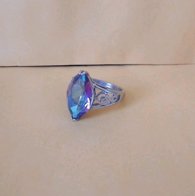 Stainless Steel Size 8 Mystic Fire Look Ring Marquise Shape Silver Scrollwork