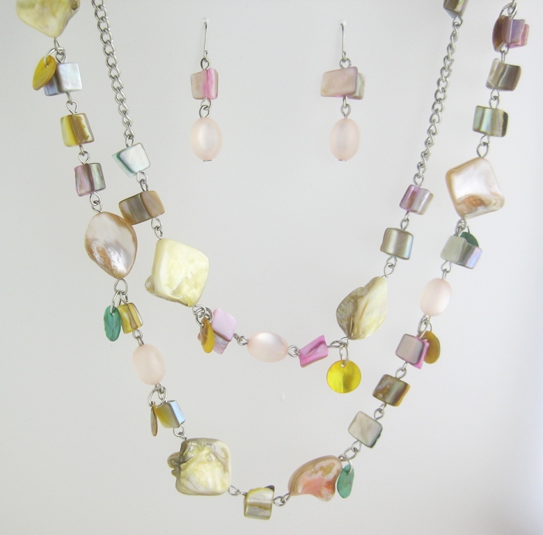 New Double Stranded Multi Colored Shell Necklace & Earring Set #N2356