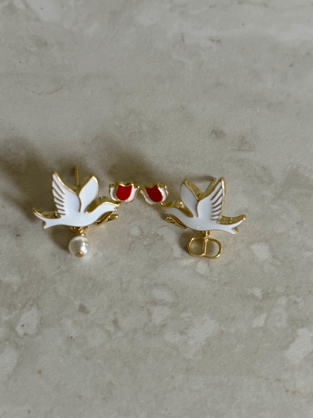 Dior Dioramour Doves & Roses Gold Plated and White Resin Pearl Earrings