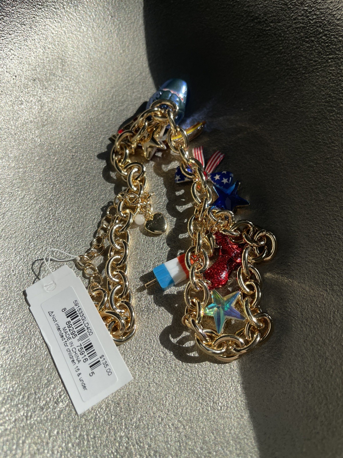 Betsey Johnson Americana USA Red White Blue Charm Shiny Gold Tone Necklace NWT