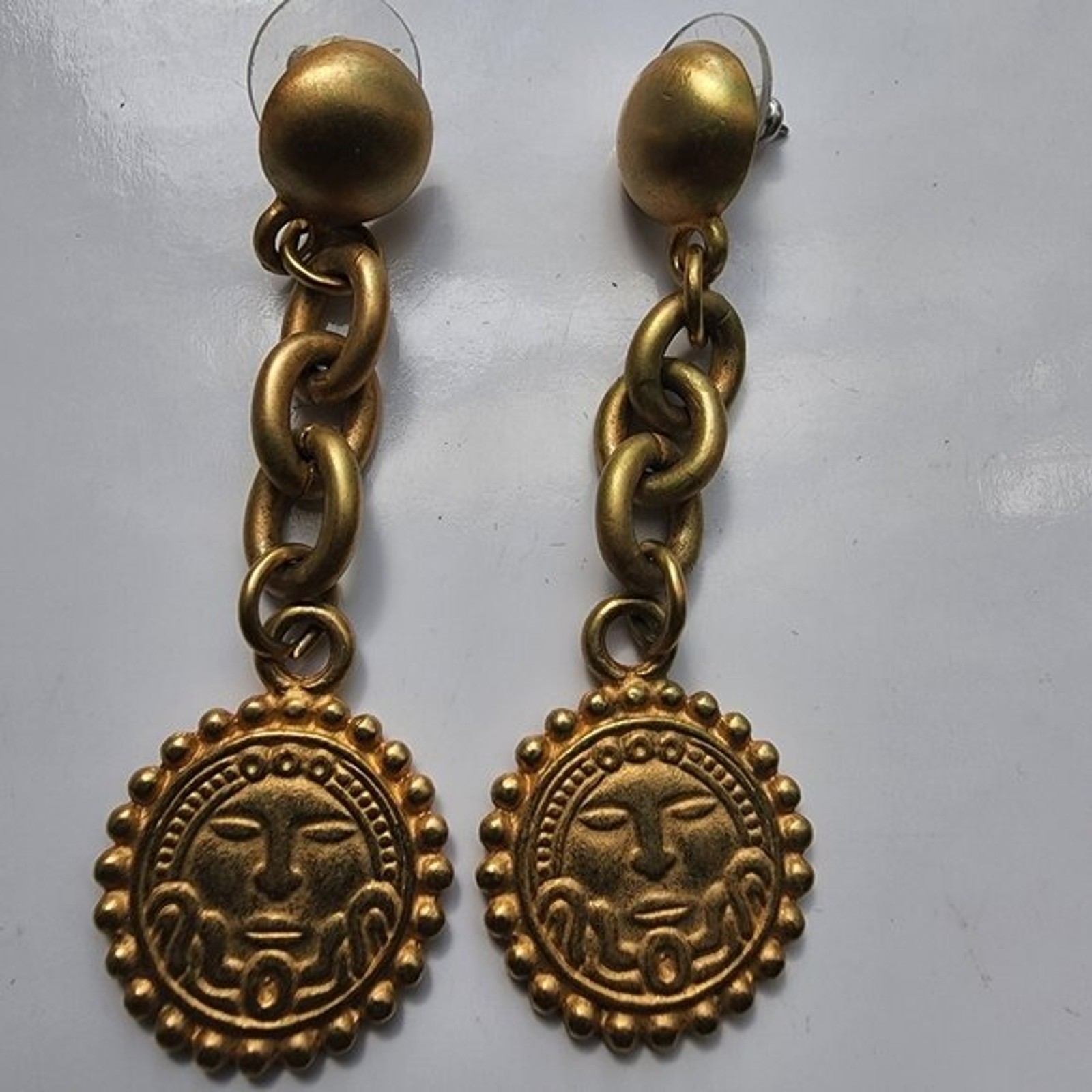 Vintage Antique gold Sun face figural tribal chain earrings