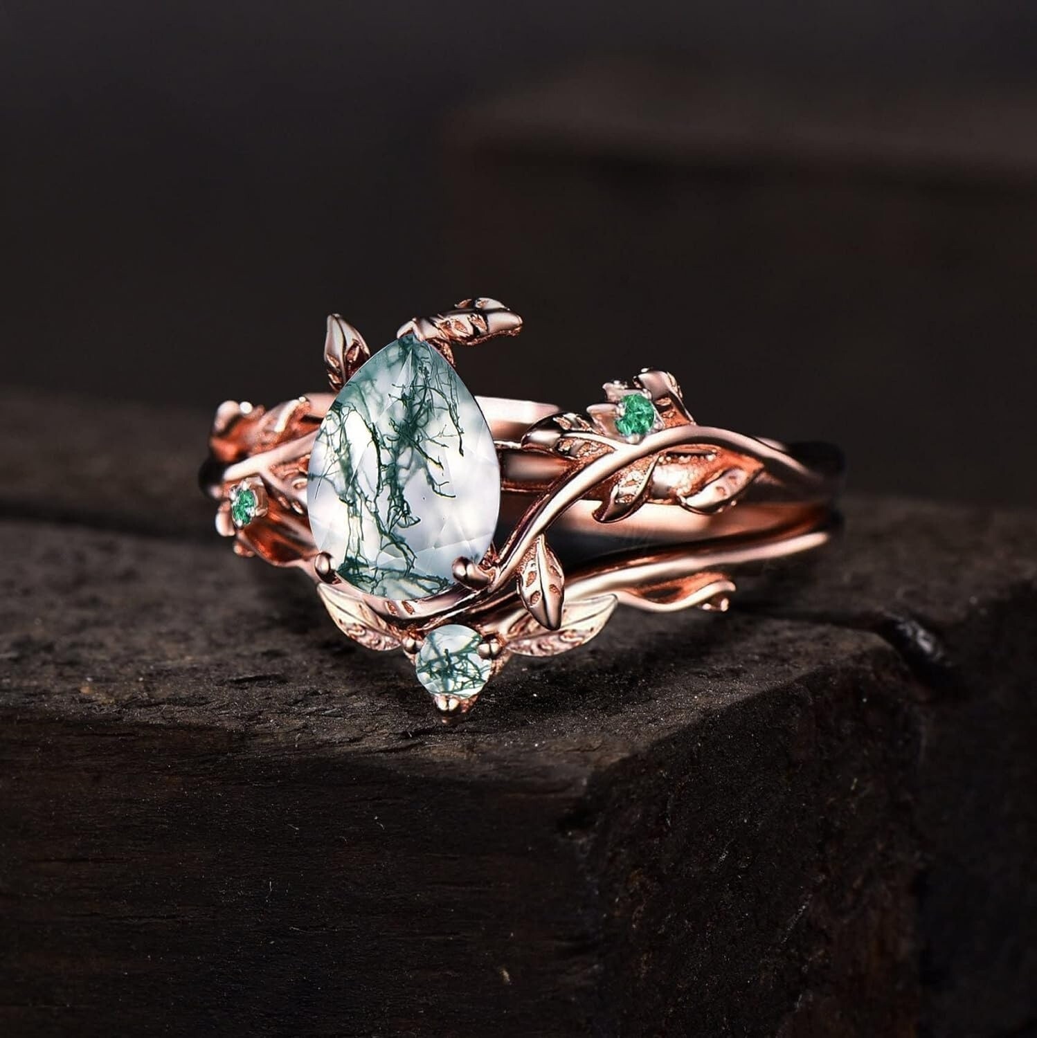 Pear Moss Agate Bridal Engagement Ring Set 925 Sterling Silver Leaf