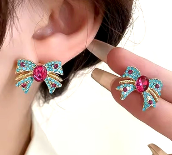 Super Cute Sparkly Blue Red BOW Rhinestone Gold Betsey Johnson Earrings