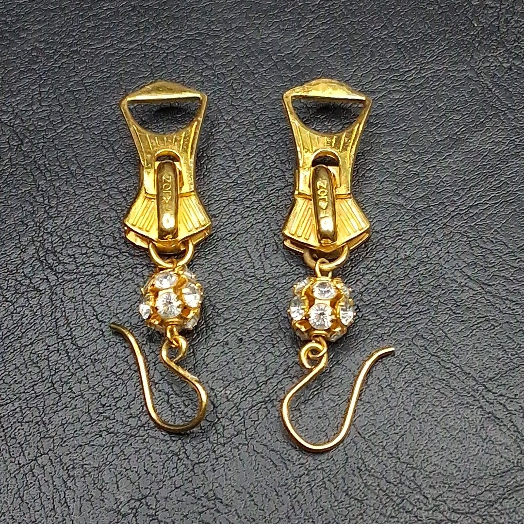 TALON Zipper Pierced Dangle Earrings Whit Rhinestone Ball Gold Tone. 16.934